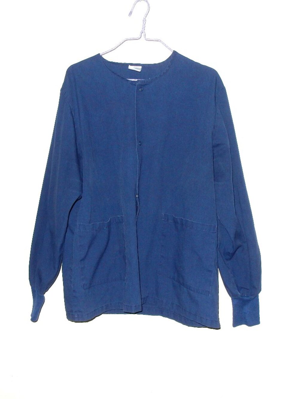 Blue scrub jacket L XL button up snap front nurse medical vet knit cuffs